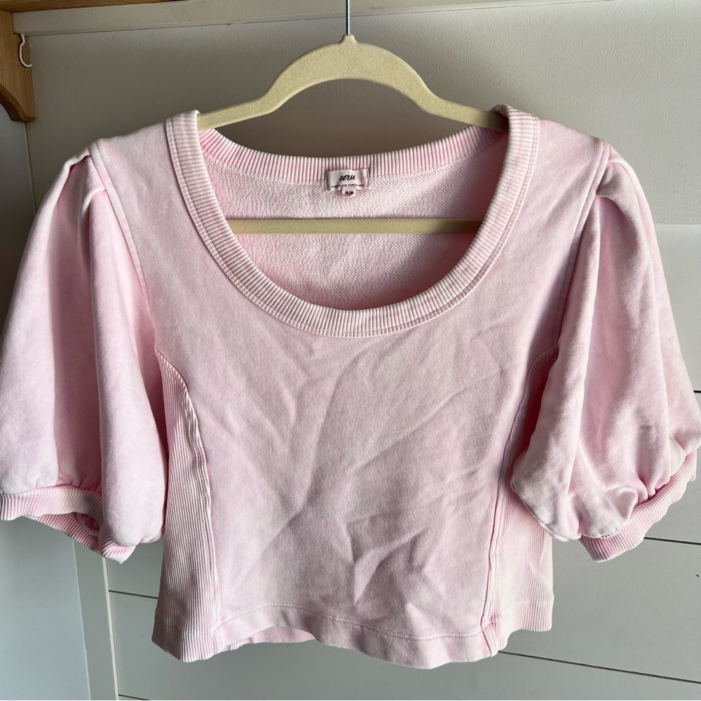 Aerie Women’s Pink Puff Sleeve Crop French Terry Top Shirt Size Medium